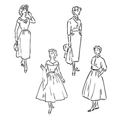 Vintage vector people set. fashion style set. Group of retro woman and man. style, sketch style, engravings with people