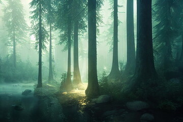 Obraz premium Beautiful forest sunset landscape, lush green foliage, sun shines through the leaves, garden of eden