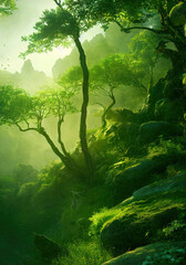 Beautiful forest sunset landscape, lush green foliage, sun shines through the leaves, garden of eden