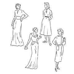 Vintage vector people set. fashion style set. Group of retro woman and man. style, sketch style, engravings with people