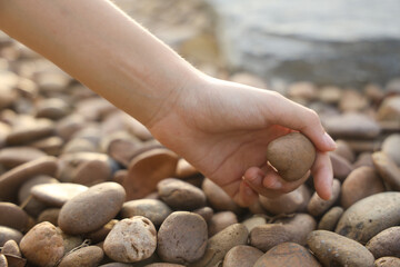 female hand holding small pebble stones picking up pebbles, round shape pebbles, summer vacation souvenir,