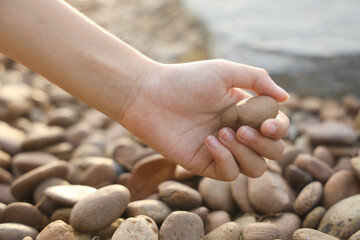female hand holding small pebble stones picking up pebbles, round shape pebbles, summer vacation souvenir,