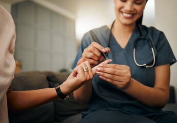 Zoom of doctor, diabetes or elderly woman hands with blood test, sugar or medical test with a...