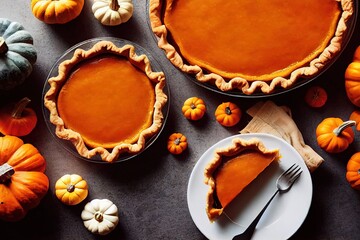 Obraz na płótnie Canvas Delicious Thanksgiving fresh baked pumpkin pie, generated by AI with 3D shading for a realistic look