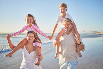 Happy family walking on beach for outdoor wellness, holiday in summer sunshine with care, love and support on blue sky mock up, Healthy parents and children bonding in portrait for youth fun near sea