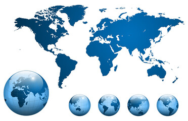 Fototapeta na wymiar World map with earth globes isolated