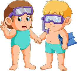 The boy and girl is wearing the flippers and goggles for diving