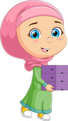 The happy girl is walking and moving the boxes with herself