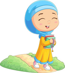 The little muslim girl is going to the mosque for praying