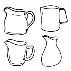 Milk jug silhouette. Creamer jug for serving with coffee or tea. Tradition of drinking coffee with milk. Tea time. Design element for cafes, food delivery sites and restaurants. Sketch, linear drawing
