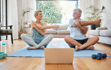 Stretching, happy morning and senior couple training with online workout in the living room of...