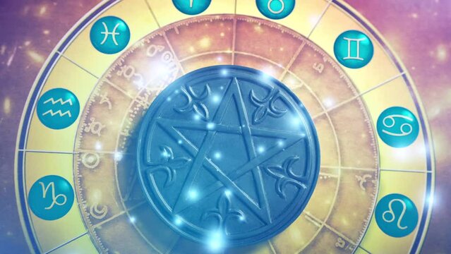 zodiac with all astrological signs symbols and horoscope and pentagram with falling light like astrology, esoteric and magic concept 