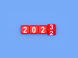 Red dice scroll with the number 2023 on blue. 3D illustration