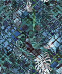 geometric abstract watercolor seamless pattern with rhombuses and tropical leaves drawn by hand on gray background for textile. Moderm pattern