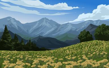 landscape with flowers and mountains