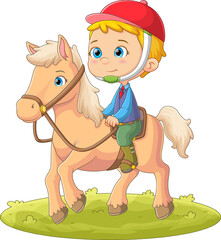 The cute boy is playing and riding with a horse in a wide field