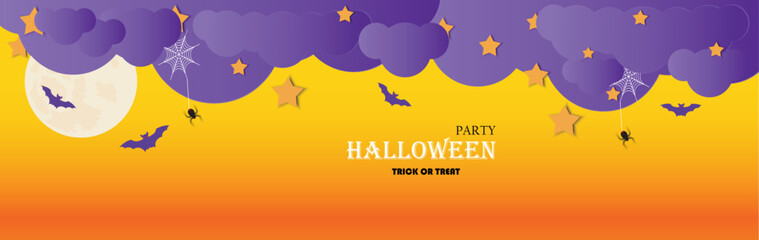 Happy and party Halloween banner background with clouds,bats in paper cut style. Vector illustration. Full moon in the sky, bats and stars. Place for text