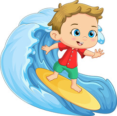 The brave boy is playing a surfboard at beach with a big wave