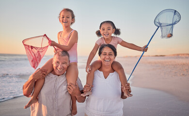 Children, grandparents and fishing with a family on the beach during summer for holiday, vacation or travel. Kids, happy and ocean with a senior man, woman and their grandkids by the sea at sunset - obrazy, fototapety, plakaty