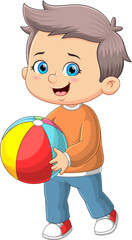 The cute boy is running and playing the rainbow ball