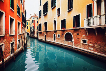 Fototapeta na wymiar Italy Venice canals, colorful buildings, blue water, celar sky, gondolas
