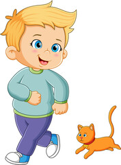 The little boy is running with the little orange cat