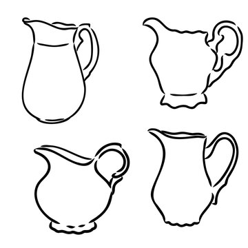 Milk jug silhouette. Creamer jug for serving with coffee or tea. Tradition of drinking coffee with milk. Tea time. Design element for cafes, food delivery sites and restaurants. Sketch, linear drawing
