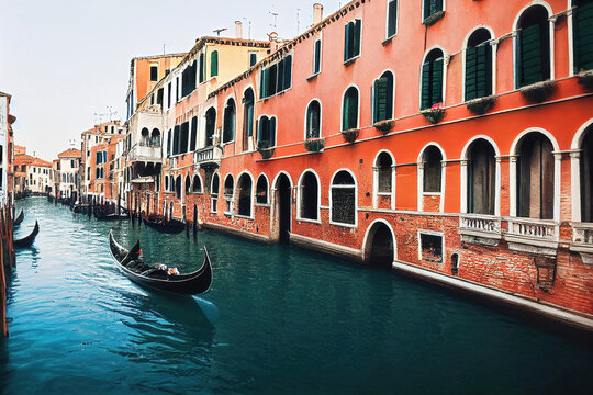 Italy Venice canals, colorful buildings, blue water, celar sky, gondolas
