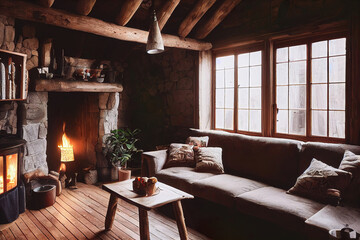 Cozy rustic wooden log cabin house interior, warm lights, indoor plants, double bed, luxury architecture background