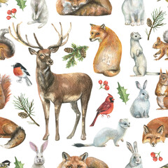 Beautiful New Year's seamless pattern with wild forest animals fox, deer, squirrel, hare, weasel, birds branches, berries on a white background
