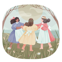 Three young girls dance in a flowery meadow. Vector illustration, character design.