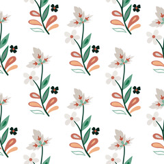 Fototapeta premium Abstract cute leaves and flower seamless pattern. Beautiful floral wallpaper. Cute plants endless backdrop.