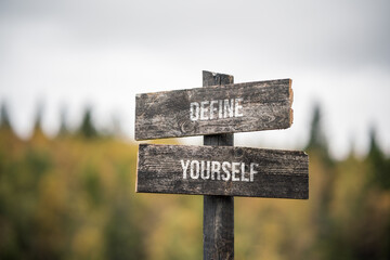 vintage and rustic wooden signpost with the weathered text quote define yourself, outdoors in nature. blurred out forest fall colors in the background.