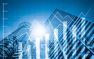 Fototapeta na wymiar As background for a financial or business concept, digital screen and financial graphs overlap on a picture of modernistic cityscape, skyscrabbers.
