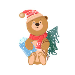 A kind New Year's bear in a hat and scarf with a pattern. With a gift in his paws and a Christmas tree behind his back. Vector illustration.