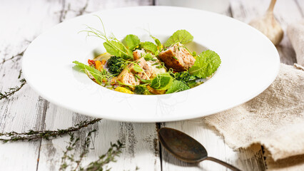 Food banner. Salmon cutlet with fish broth and vegetables. Appetizing fish meatballs. Served on a white plate. Wooden white background. Copy space