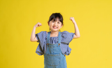 beautiful asian girl portrait, isolated on yellow background