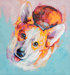 Oil dogs portrait painting in multicolored tones. Conceptual abstract painting of a welsh corgi pembroke muzzle.
