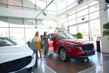 Fototapeta premium Car dealership manager inspecting a car with a client