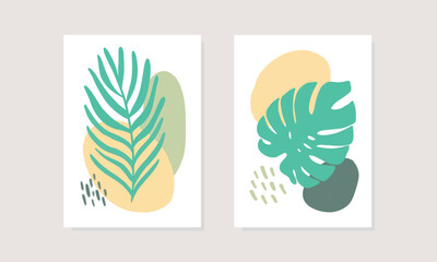 Modern minimalist nature boho aesthetic art wall. Bohemian style, monstera leaf print collection. Mid century, boho home decor, abstract design, tropical. 