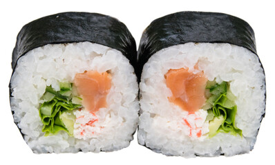 Delicious sushi on a white background isolate. Rolls with salmon, green vegetables and crab sticks...