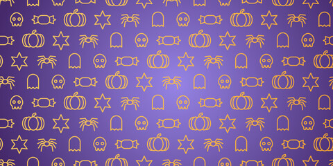 Concept of Halloween pattern with pumpkins, skull, star, spider. Line are, Vector. Cute character in seamless pattern