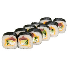Delicious sushi on a white background isolate. Rolls with tuna, cheese and cucumber.