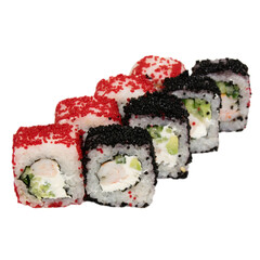 Delicious sushi on a white background isolate. Rolls with caviar, cheese, cucumber, shrimp and avocado.