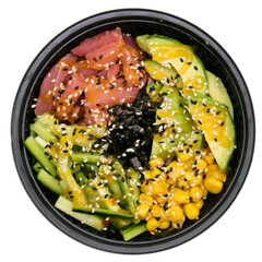 Appetizing bowl with tuna, avocado, sesame, corn, cucumber and nori topped with a sweet sauce, in a plastic takeaway package, isolated on a white background. Food delivery concept