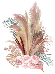 Watercolor illustration with bouquet in boho style with flowers of light roses and dried flowers of pampas grass and palm leaves isolated on white background