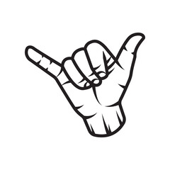 Vintage retro surfing hand shaka arm. Can be used like emblem, logo, badge, label. mark, poster or print. Monochrome Graphic Art. Vector