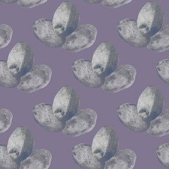 Seamless pattern of turquoise grey ovals, flowers, leaves, watercolor stains on a gray background. Wallpaper, textiles