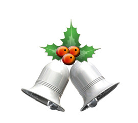 Silver bells with green leaves and fruits - christmas decoration or gift ornament - 3D rendering