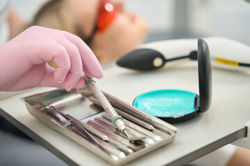 Dentist working tools close-up on the table